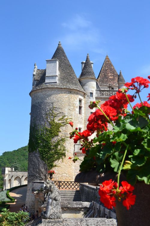 Pilis, Chateau Des Milandes, Renesansas, Bokštas, Dordogne, France, Aquitaine, Geranium