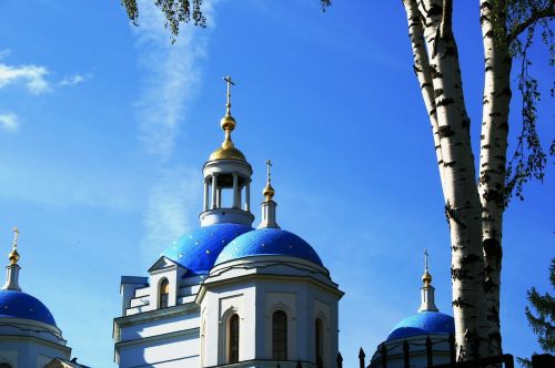 Katedra, Bažnyčia, Pastatas, Balta, Mėlynas, Kupolai, Arkos, Auksiniai Kryžiai, Beržas, Mėlynas Dangus, Rusų, Ortodoksas, Religija