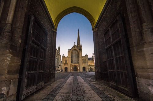 Katedra, Bažnyčia, Paminklas, Vartai, Vakare, Norwich, Anglija