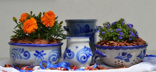 Keramikos Gaminiai, Keramika, Pilka, Mėlynas, Gėlės, Molinė Puodynė, Išdėstymas, Dekoratyvinis, Sodas