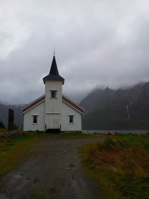 Koplyčia,  Rūkas,  Norvegija,  Lofoten Salos,  Kalnai