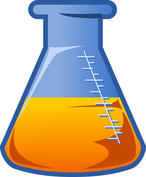 Chemija, Cheminis, Kolba, Stiklas, Laboratorija, Eksperimentas, Cheminis Tirpalas, Butelis, Mokslas, Laboratorija, Įranga, Chemikalai, Kūginis, Oranžinė, Skystas, Nemokama Vektorinė Grafika