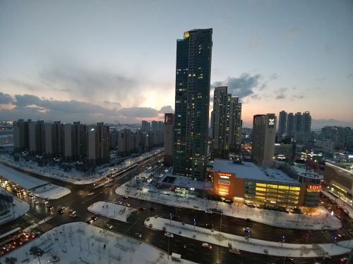 Cheongna, Incheonas, Žiema, Miestas, Miesto Panorama, Miesto, Horizontas, Korėja, Saulėlydis, Pastatai
