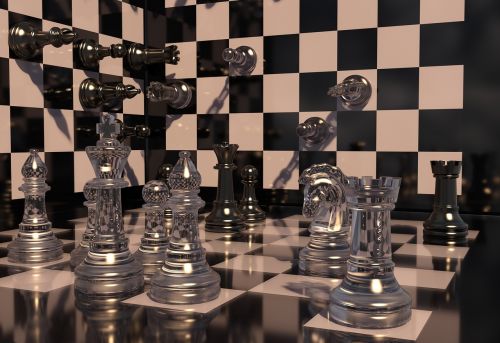Šachmatai, Šachmatų Lenta, Žaisti, Strategija, Menas, Šachmatų Figūros, Figūra, Mąstymas, Stalo Žaidimas, Žaidimo Laukai, Strateginis Žaidimas, Balta, Juoda, Atspindys, Veidrodis, Planavimas, Fonas, 3D, Karalius, Lady, Springeris, Bokštas, Bėgikai, Arklys, Bauer, Stiklas