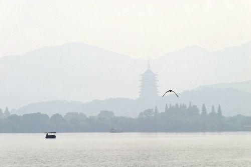 Kinija, Hangzhou, Boot, Kalnai, Kraštovaizdis, Upė, Rūkas, Smogas, Peizažai
