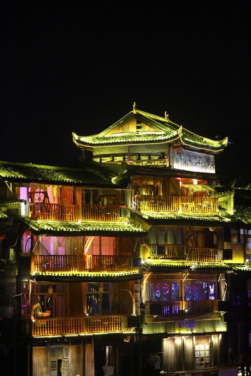 Kinija, Hunan, Fenghuang, Naktinis Vaizdas