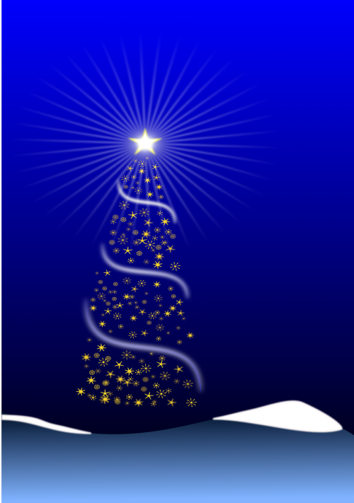 Kalėdos, Medis, Xmas, Mėlynas, Žvaigždė, Sniegas, Kraštovaizdis, Nemokama Vektorinė Grafika