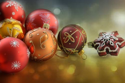 Kalėdos, Raudona, Auksas, Kalėdiniai Kamuoliai, Žvaigždė, Rutulys, Bokeh