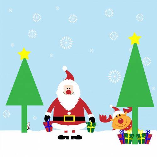 Kalėdos,  Santa,  Santa & Nbsp,  Claus,  Tėvas & Nbsp,  Kalėdos,  Kortelė,  Sniegas,  Animacinis Filmas,  Linksma,  Kalėdos & Nbsp,  Medis,  Dovanos,  Šiaurės Elniai,  Pingvinas,  Mielas,  Snaigės,  Fonas,  Xmas,  Menas,  Iliustracija,  Kalėdų Santa Animacinių Filmų Kortelė