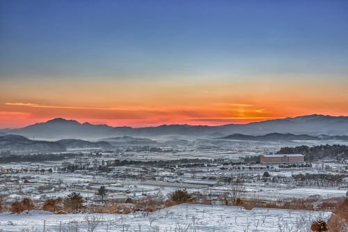 Chuncheon, Rūkas, Švytėjimas, Žiema, Saulėlydis, Dangus, Gamta, Debesis