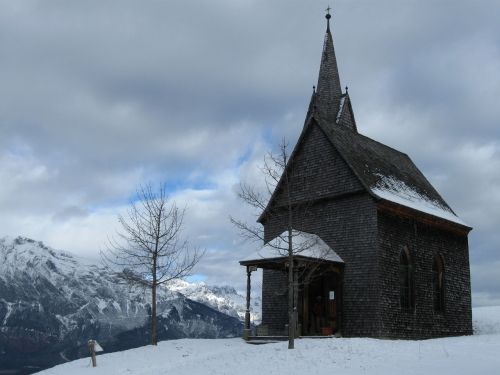 Bažnyčia, Žiema, Kalnai, Šaltas, Koplyčia, Tulfes, Tyrol, Austria, Debesuota, Sniegas, Kraštovaizdis