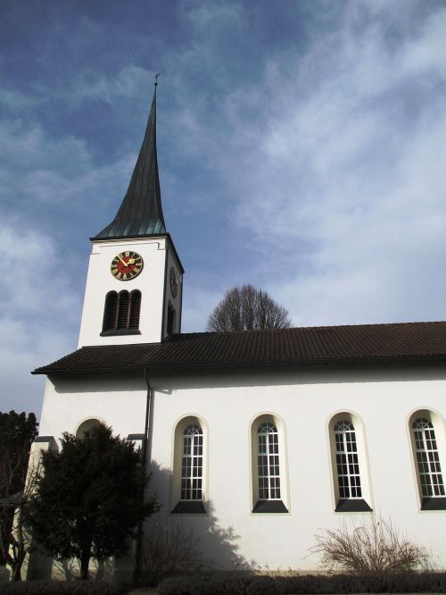 Bažnyčia, Bokštas, Hauptwil, Laikrodzio Bokstas, Architektūra, Fasadas, Langas, Medžiai, Dangus, Thurgau, Šveicarija