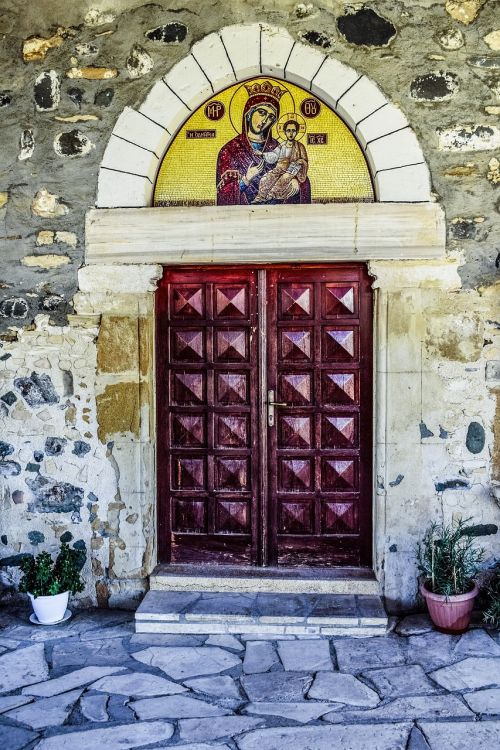 Bažnyčia, Įėjimas, Vartai, Mergelė Marija, Mozaika, Senas, Architektūra, Durys, Religija, Krikščionybė, Pera Oreinis, Kipras