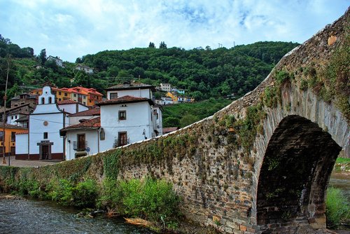 Bažnyčia,  Tiltas,  Upė,  Kraštovaizdis,  Asturias,  Ispanija