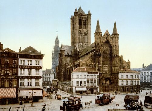 Bažnyčia, Šventasis Nikolas, Gentas, Belgija, Tramvajus, Fotochromas, 1900