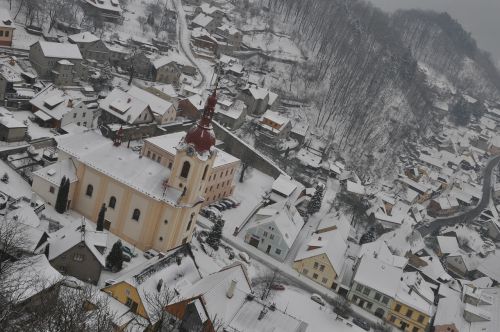 Miestas, Vaizdas, Pastatai, Žiema, Bažnyčia, Kalnai, Stramberk, Čekijos Respublika