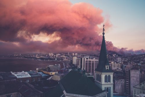 Miesto Panorama, Ugnis, Dūmai, Deginimas, Lauke, Raudona