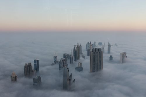 Miesto Panorama, Rūkas, Dubai, Saulėtekis, Burj, Uae