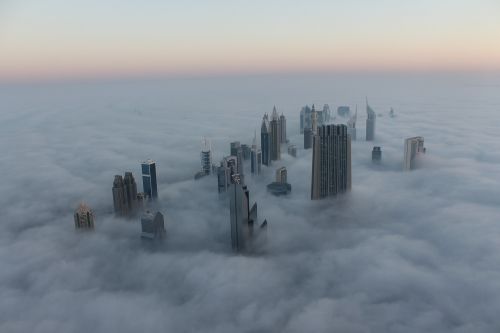 Miesto Panorama, Dubai, Rūkas, Saulėtekis, Burj, Uae