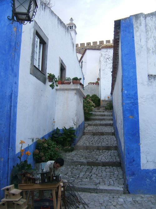 Bruģių Gatvė, Portugal, Laiptai, Sienos, Senamiestis, Mėlynas, Balta, Architektūra