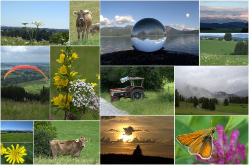 Koliažas, Allgäu, Ostallgäu, Alpių, Kraštovaizdis, Panorama, Dangus, Bavarija, Saulėtas