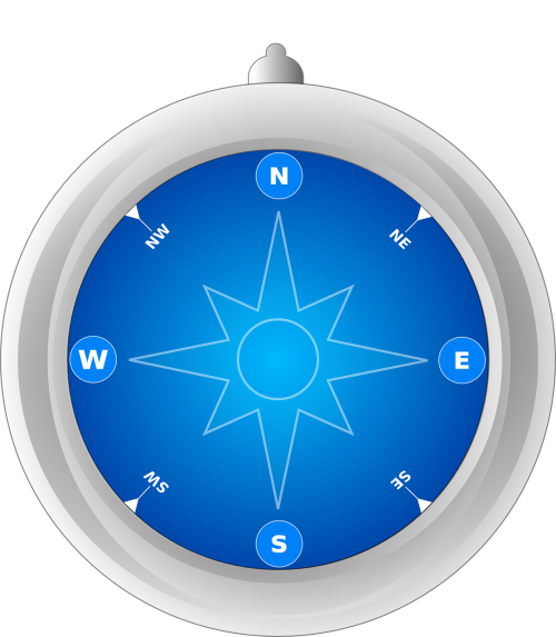 Kompasas, Rožė, Vėjas, Orientacija, N, E, S, W, Mėlynas, Metalas, Skaitmeninis, Nemokama Vektorinė Grafika