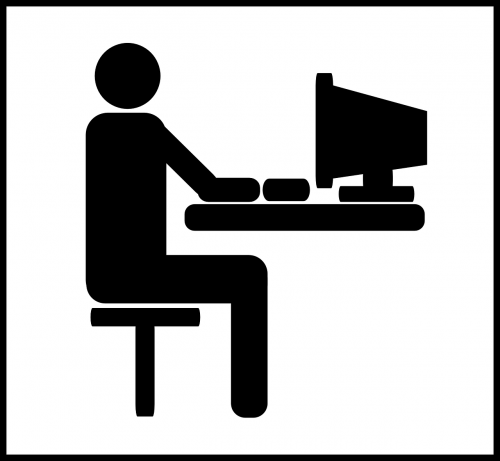 Kompiuteris, Stalas, Vyras, Piktograma, Darbas, Sėdėti, Biuras, Verslas, Nemokama Vektorinė Grafika