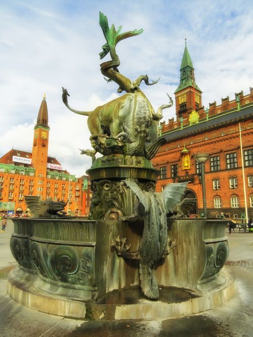 Kopenhaga, Denmark, Fontano Drakonas, Vanduo, Skulptūra, Meno Kūriniai, Pastatai, Architektūra