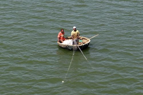 Coracle, Žvejyba, Dragnet, Krishna Upė, Griuvėsiai, Karnataka, Indija