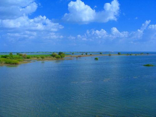 Coracle, Ežeras, Rezervuaras, Upė, Krishna, Smėlis, Sala, Griuvėsiai, Karnataka, Indija