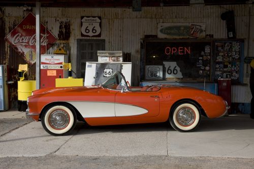Corvette, Kabrioletas, Vintage, Maršrutas 66, Arizona, Usa, Memorabilia, Istorinis, Retro