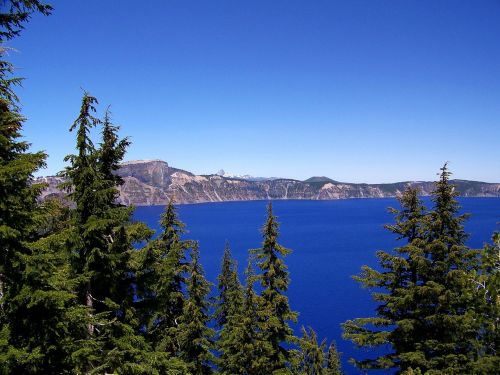 Kraterio Ežeras, Oregonas, Ežeras, Mėlynas, Kalnai, Pušys, Nacionalinis Parkas, Kraterio Ežero Nacionalinis Parkas, Vanduo, Dangus