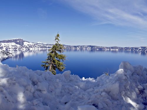 Kraterio Ežeras, Oregonas, Usa, Žiema, Sniegas, Giliai, Mėlynas, Vanduo, Peizažas, Kraštovaizdis, Gamta