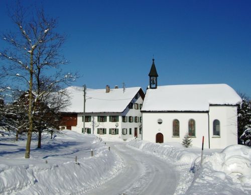 Kresas, Koplyčia, Oy Mittelberg, Allgäu, Žiema, Sniegas, Balta, Dangaus Mėlynumo