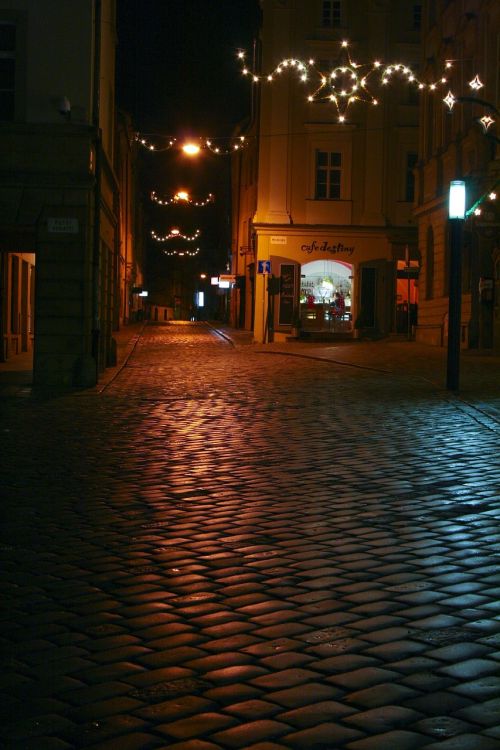 Čekijos Respublika, Morava, Olomoucas, Miestas, Gatvė, Kalėdos, Naktis, Apšvietimas, Girlianda, Žiema