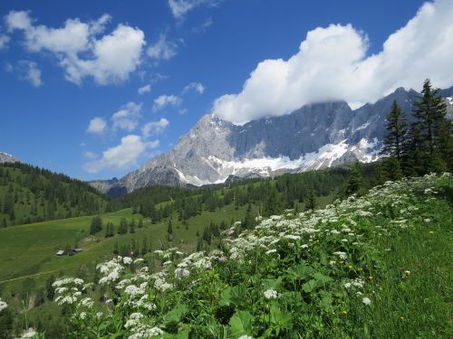 Dachsteinas, Vaizdas, Kalnai, Austria, Mėlynas Dangus, Gamta, Debesys, Alm, Ramsau Am Dachstein, Šventė, Žygiai