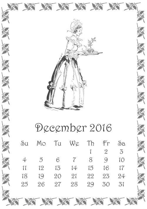 Gruodžio Mėn ., 2016, Kalendorius, Mėnuo, Kalėdos, Šventė, Holly, Uogos, Tortas, Moteris, Lady, Suknelė, Vintage, Senos Mados, Xmas, Pudingas
