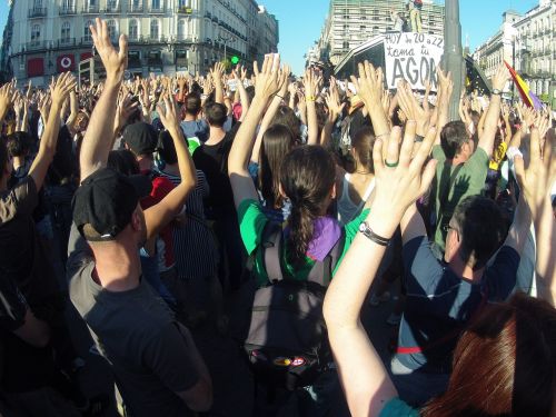 Demonstracija, Žmonės, Plaza, Saulė, Madride, Vėliavos