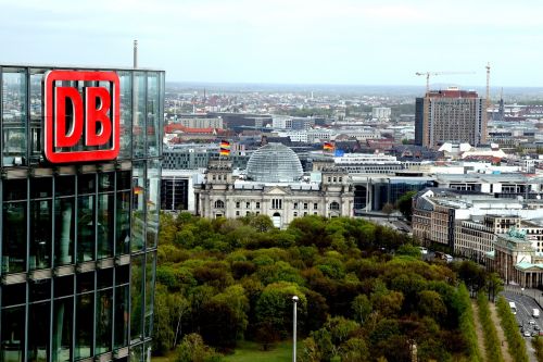 Deutsche Bahn, Logotipas, Raidės, Db, Įmonės Būstinė, Berlynas, Reichstagas, Dangoraižis, Potsdamo Vieta, Miestas, Apžvalga, Vaizdas