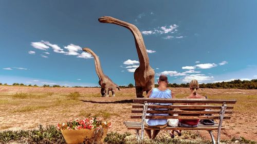 Dinozauras, Laukas, Paleisti, Bankas, Sėdėti, Pora, Malonumas, Foto Montavimas
