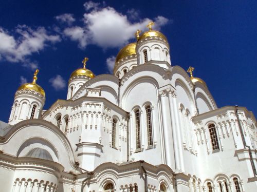 Diveevo, Rusija, Bažnyčia, Ortodoksas, Religija, Tikėjimas, Architektūra, Pastatas, Bokštai, Dangus, Debesys