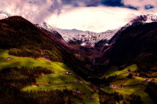 Dolomitai, Italy, Kalnai, Saulėlydis, Dusk, Slėnis, Namai, Pastoracinis, Miškas, Medžiai, Miškai, Vista, Gamta, Lauke, Šalis, Kaimas, Kaimas, Hdr