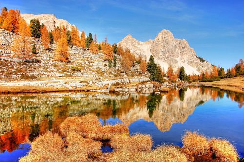 Dolomitai, Kalnai, Italy, South Tyrol, Alpių, Vaizdas, Gamta, Ežeras, Kraštovaizdis, Rokas, Alpių Panorama, Alm, Griovių Laukas, Ruduo, Karg, Debesys, Panorama, Dangus, Kalnų Peizažas, Kalnų Praėjimas