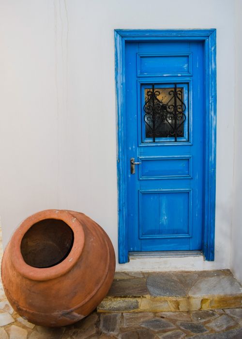 Durys, Medinis, Mėlynas, Įėjimas, Balta, Siena, Keramika, Konteineris, Namas, Senas, Architektūra, Tradicinis, Paralimni, Kipras
