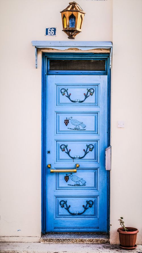 Durys, Įėjimas, Namas, Mėlynas, Tradicinis, Motyvas, Žibintas, Paralimni, Kipras