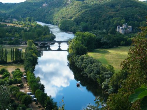 Dordogne, Pilis, Pilis, Upė, Valtis, Tiltas, Vanduo, France, Atspindys