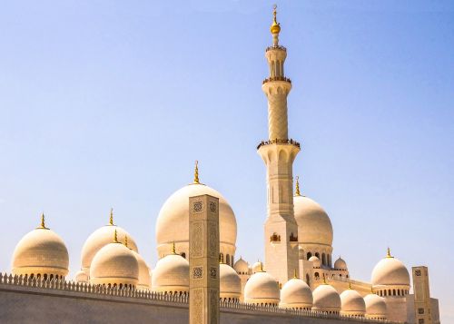 Dubai, Mečetė, Mėlynas, Auksas, Mėlynas Dangus, Diena, Architektūra, Saulė, Vasara, Doha, Paminklas