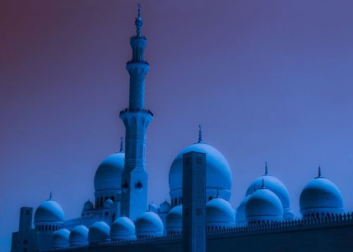 Dubai, Mečetė, Mėlynas, Naktis, Mėlyna Mečetė, Architektūra, Paminklas, Mėnulis, Naktinis Dangus, Violetinė