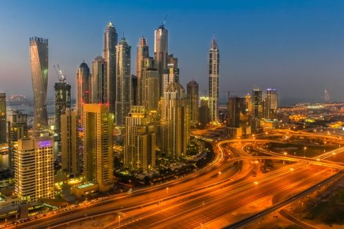 Dubai, Emiratai, Žemyn, Pastatas, Dangus, Miesto Panorama, Dangoraižis, Naktis, Žibintai