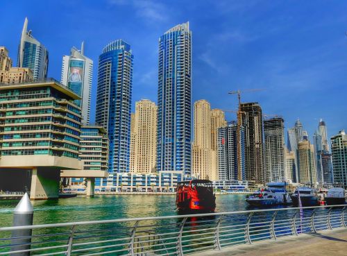 Dubai, Panorama, Dangoraižis, Architektūra, Pastatas, Miestas, Fasadas, U E E, Dangoraižiai, Didelis Miestas, Mėlynas, Stiklo Fasadai, Priekinis Langas, Stiklo Priekis, Dubajus, Stiklas, Aukštas